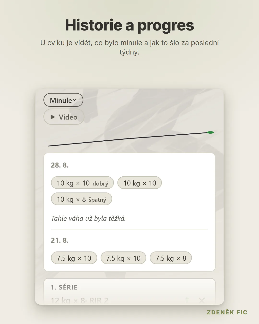 Aplikace – historie a progres: u cviku je vidět, co bylo minule a jak to šlo za poslední týdny