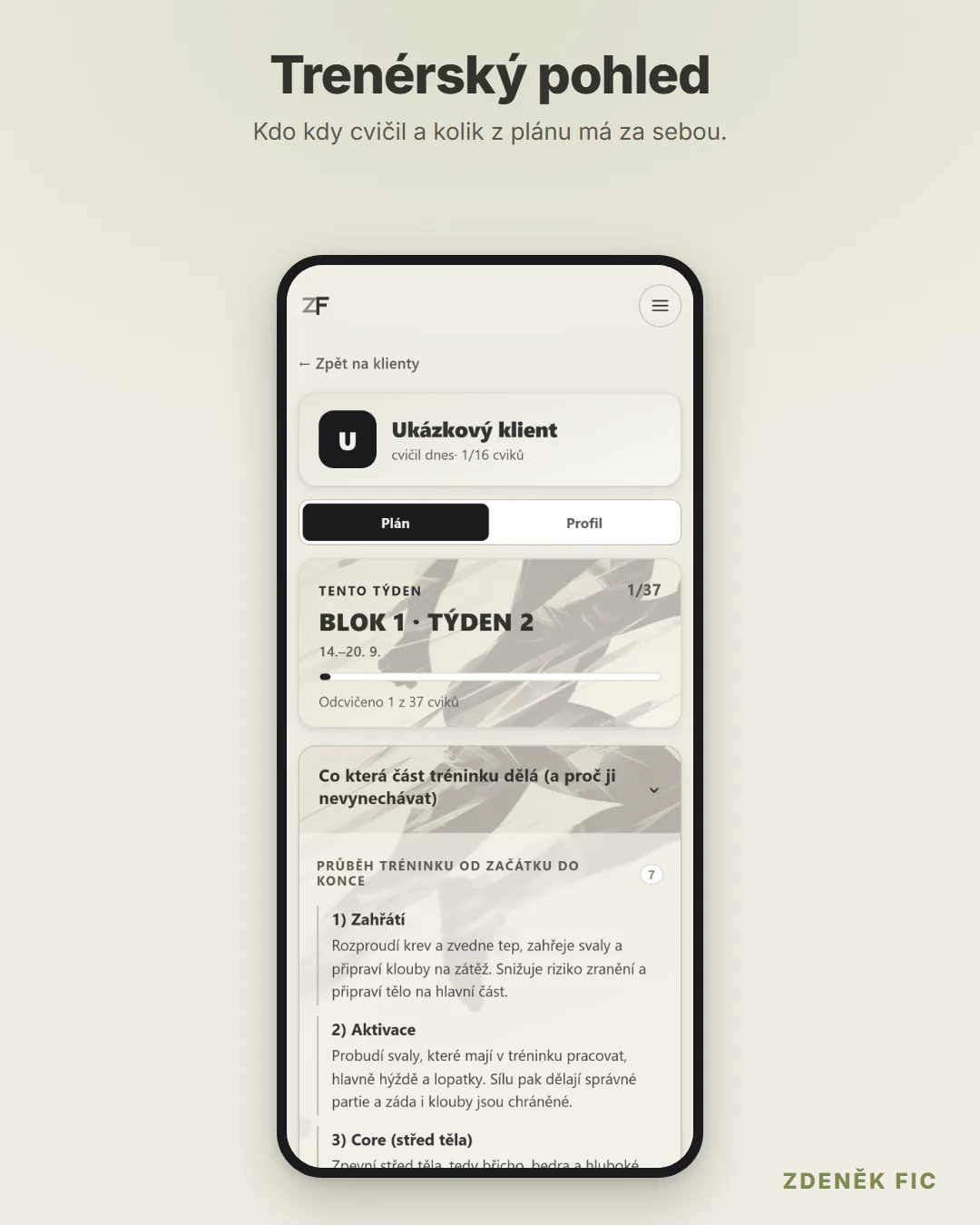 Aplikace – trenérský pohled: kdo kdy cvičil a kolik z plánu má za sebou